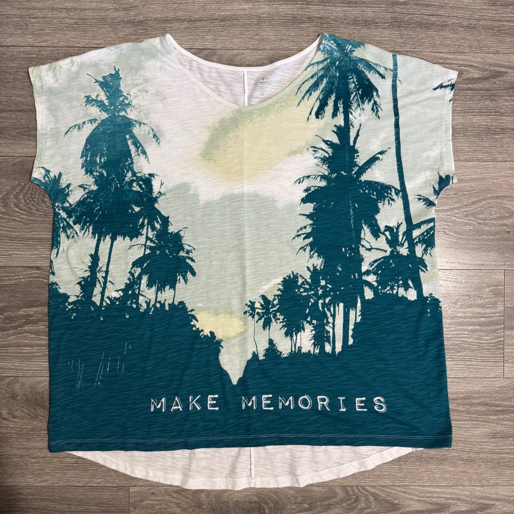 St Johns‎ Bay Woman 2X Tee Tropical Palm Tree Graphic White Teal Make Memories